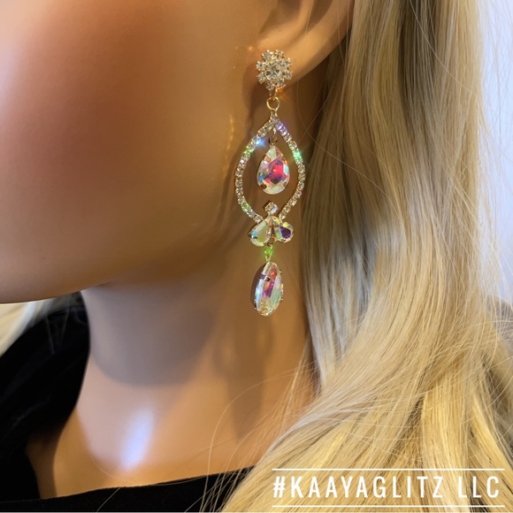 Rhinestone Earrings AB Crystal Wedding Bridal Bridesmaid Prom Earrings Dangle - Picture 4 of 11